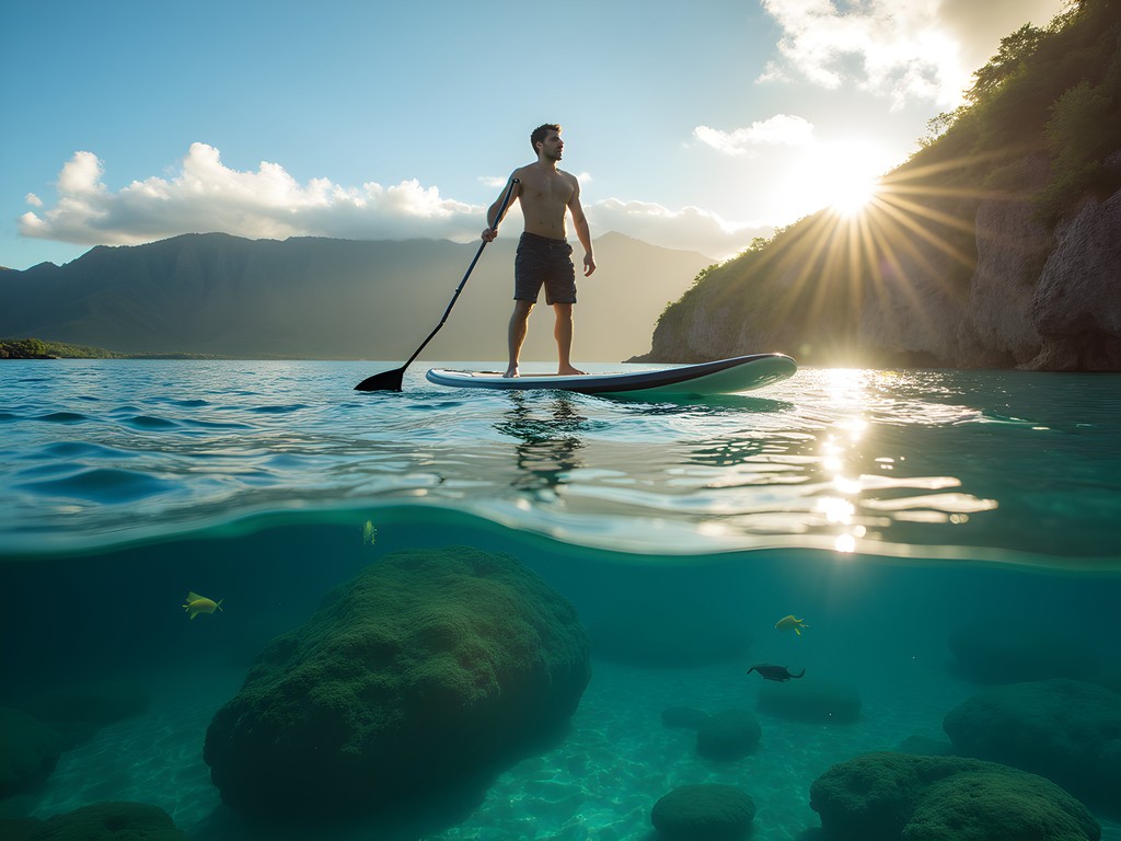 Stand-up paddleboarder on clear turquoise waters of Kaneohe Bay with mountains behind