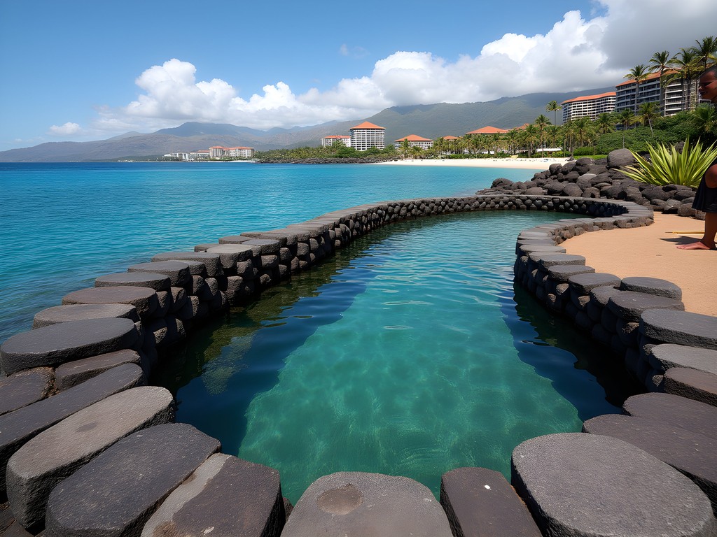 Traditional Hawaiian fishpond restoration experience with luxury accommodations visible in background