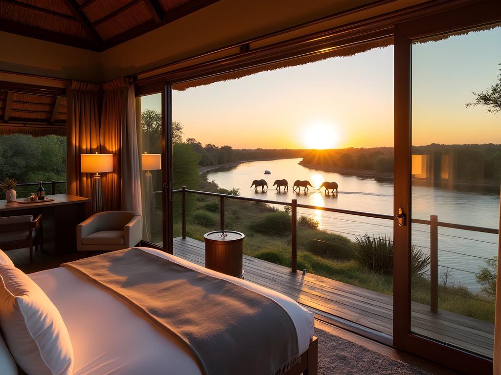 Luxury suite view of elephants crossing Chobe River at sunset in Kasane, Botswana