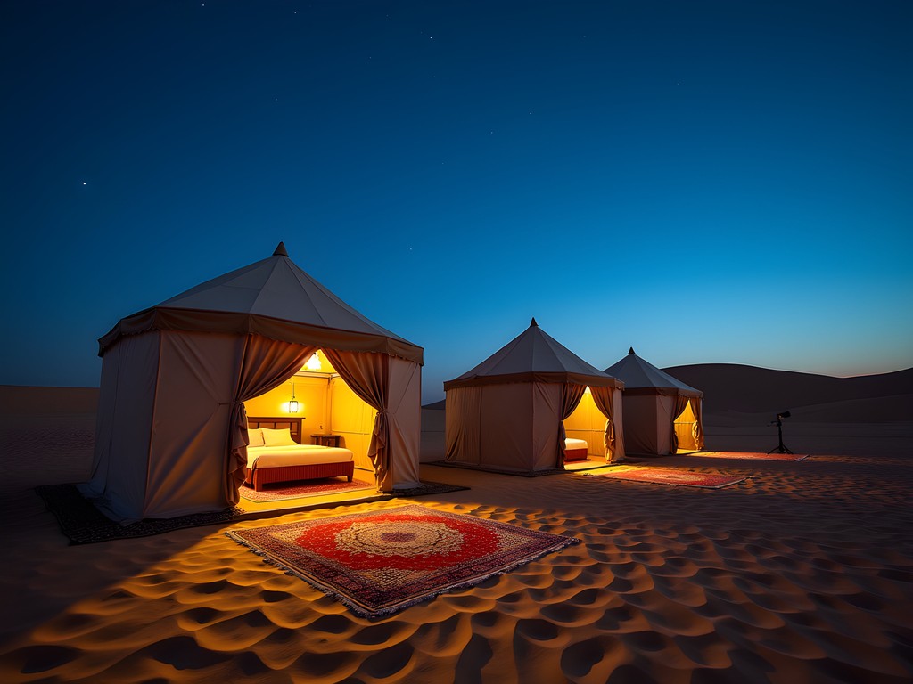 Luxury Bedouin camp in Kuwait desert at twilight with traditional tents