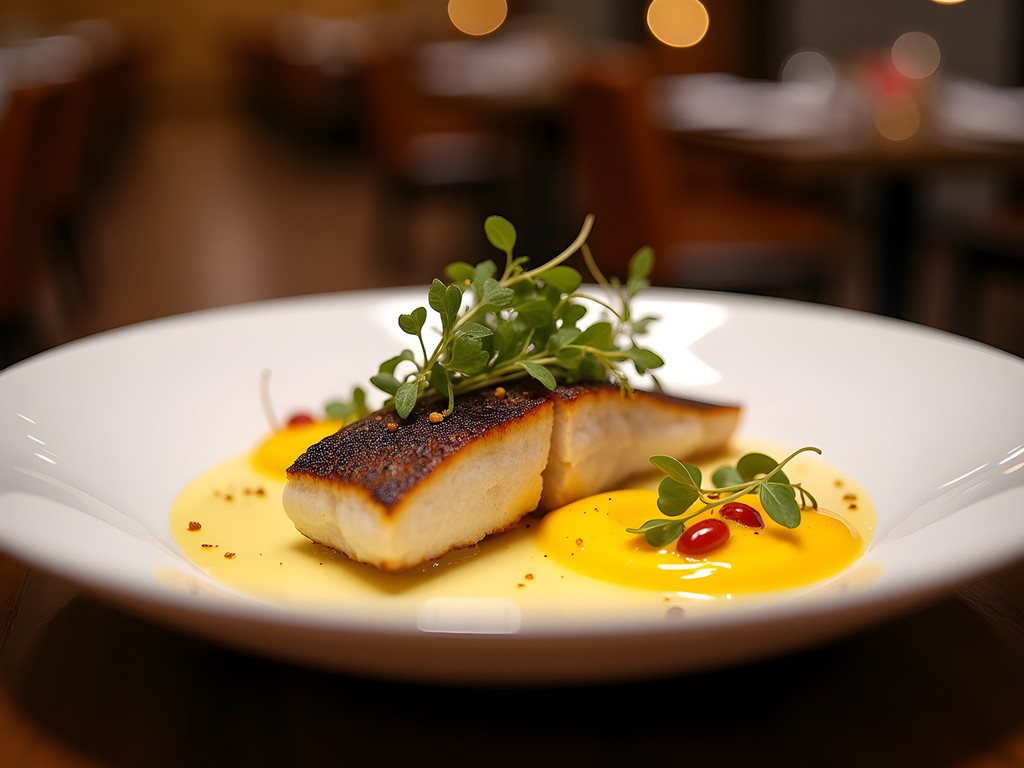 Elegant plated contemporary Kuwaiti cuisine at luxury restaurant