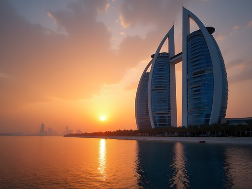 Kuwait Towers illuminated at sunset over Arabian Gulf waters