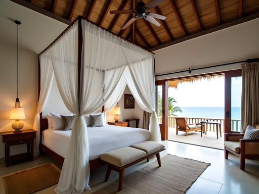Master bedroom in luxury Lamu villa with four-poster bed and ocean view