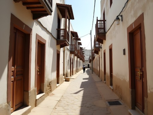 Narrow winding streets of historic Lamu Town with traditional Swahili architecture
