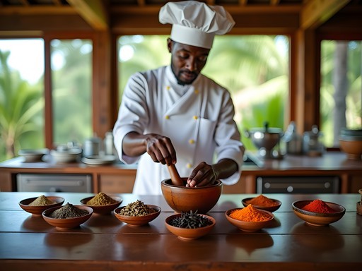 Private chef demonstrating traditional Swahili spice blending at luxury Lamu villa