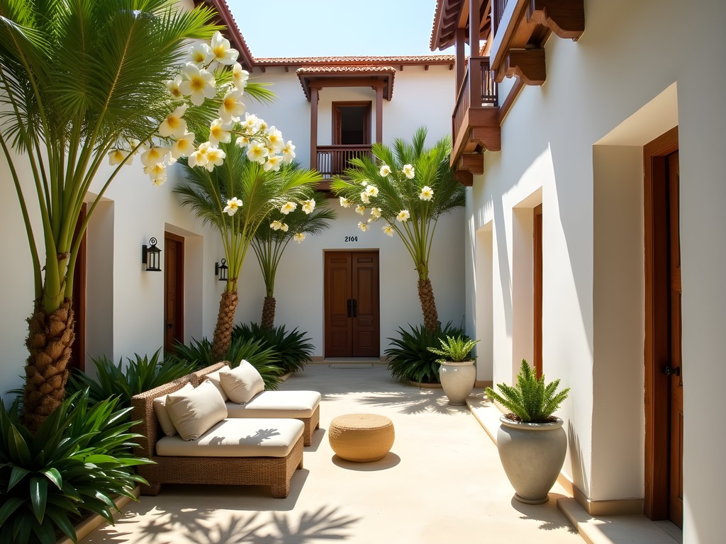 Traditional Swahili courtyard garden with frangipani trees in luxury Lamu villa