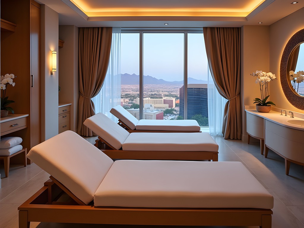 Opulent spa relaxation room with Strip views at luxury Las Vegas resort