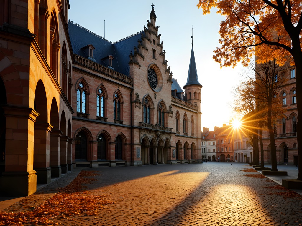 Leuven's Gothic Town Hall illuminated by golden autumn sunset light