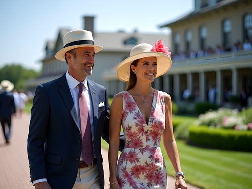 Elegant racegoers in spring attire at Keeneland Race Course in Lexington