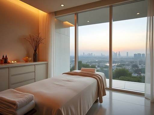Luxurious spa treatment room at Four Seasons Los Angeles with panoramic city views