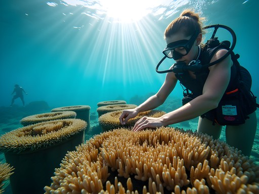 Luxury traveler participating in coral restoration project in clear waters of Marshall Islands