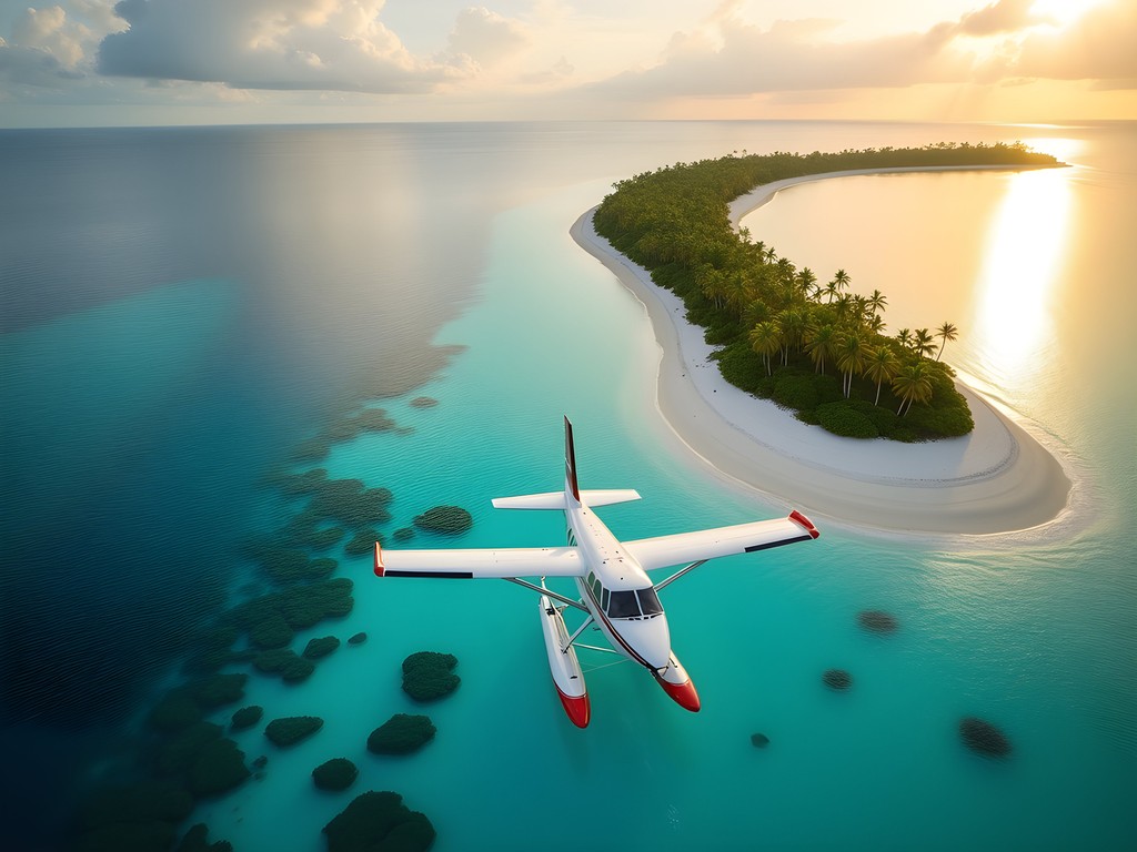 Luxury seaplane landing on pristine turquoise waters of Majuro Atoll
