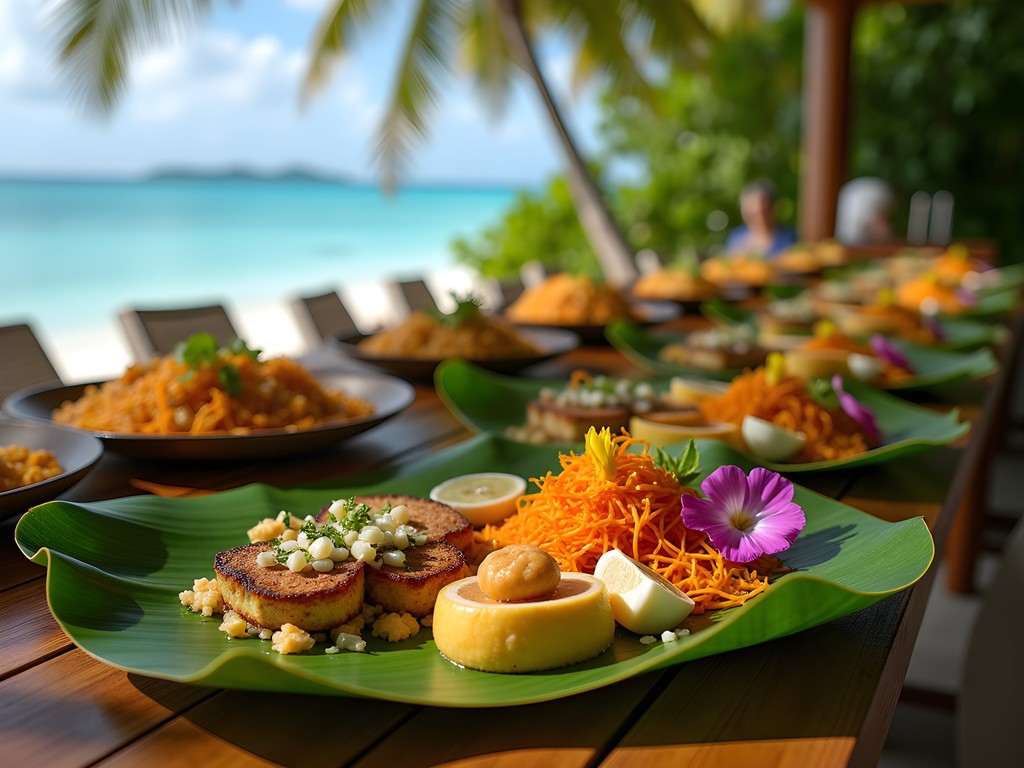 Elaborate plant-based Marshallese feast with traditional dishes served on banana leaves