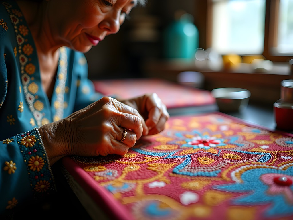 Close-up of intricate Peranakan beadwork being crafted by artisan in Malacca workshop