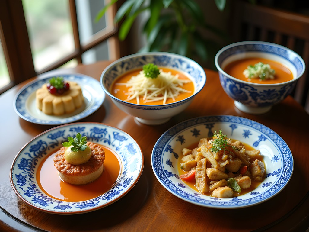 Colorful traditional Nyonya cuisine dishes served on antique Peranakan porcelain