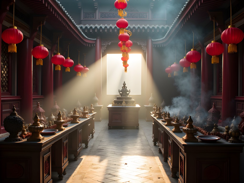 Interior of Cheng Hoon Teng temple in Malacca with incense spirals and ornate decorations