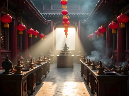 Interior of Cheng Hoon Teng temple in Malacca with incense spirals and ornate decorations