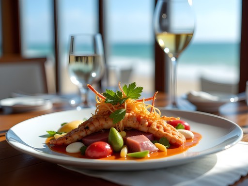 Gourmet seafood platter with ocean view at upscale Manta restaurant