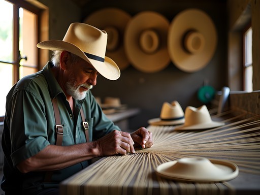 Master artisan weaving traditional Panama hat in Montecristi workshop near Manta