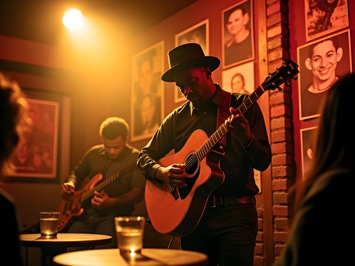 Blues guitarist performing in intimate Memphis music venue with vintage decor and warm lighting