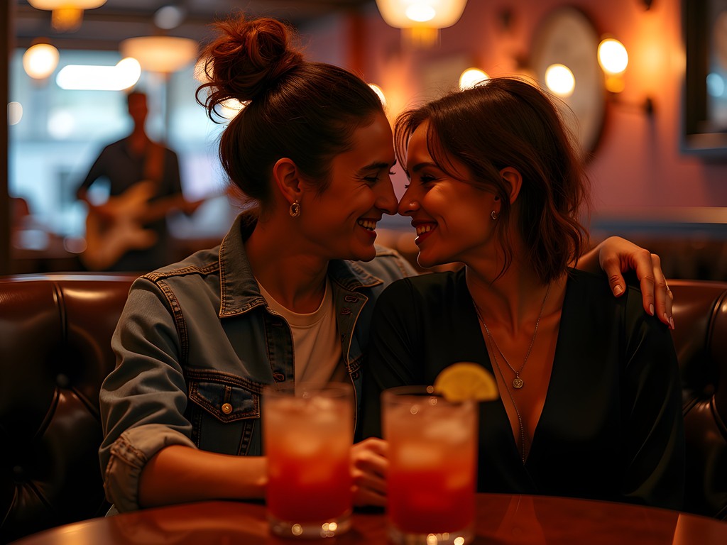 Couple enjoying live blues music at upscale Memphis venue with craft cocktails