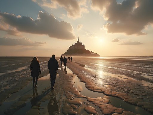 Couple walking across tidal flats toward Mont-Saint-Michel at low tide with guide