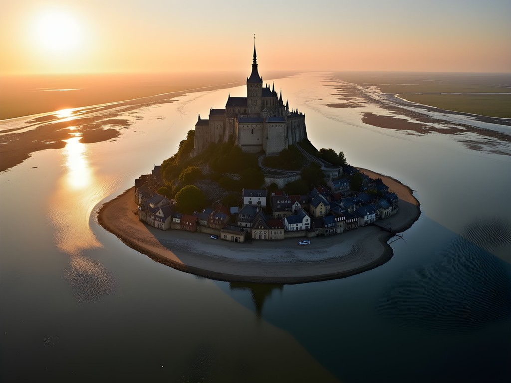 Aerial view of Mont-Saint-Michel island from helicopter approach