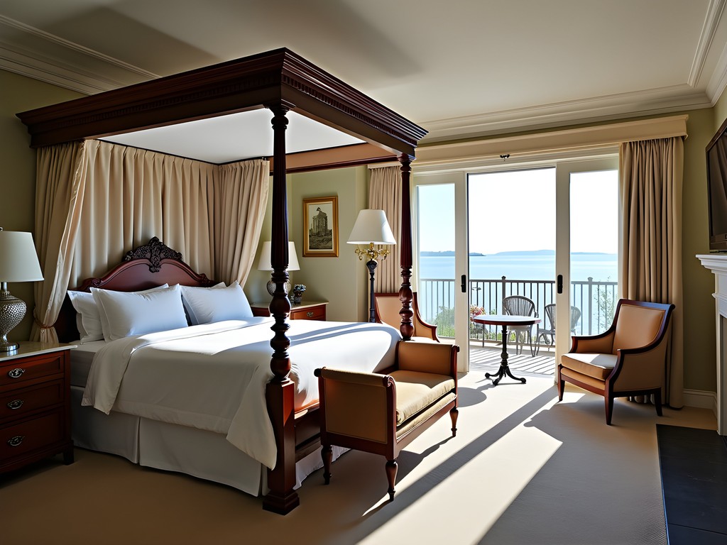 Luxurious suite at The Chanler with four-poster bed and panoramic ocean views