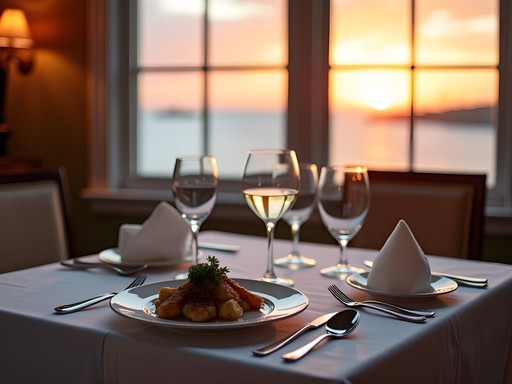 Elegant fine dining table setting with ocean view at sunset in Newport luxury restaurant