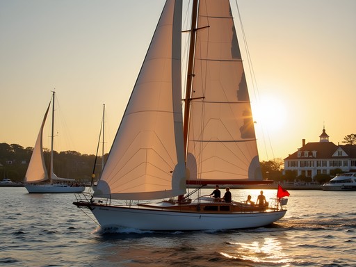Luxury yacht sailing in Newport Harbor at sunset with golden light on the water
