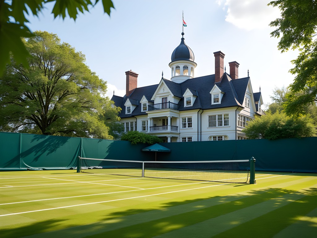 Historic grass tennis courts at International Tennis Hall of Fame in Newport with Victorian architecture