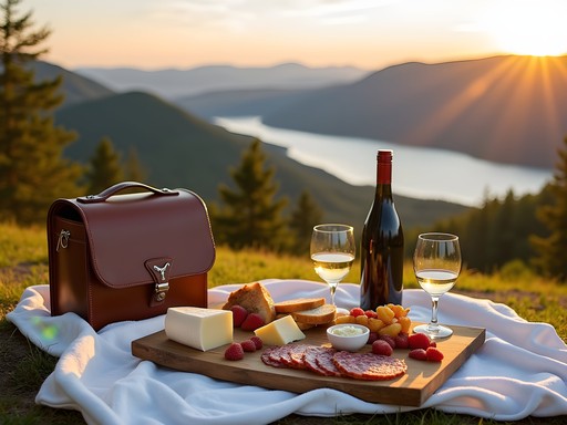 Gourmet picnic setup with mountain views near Jay Peak, Vermont