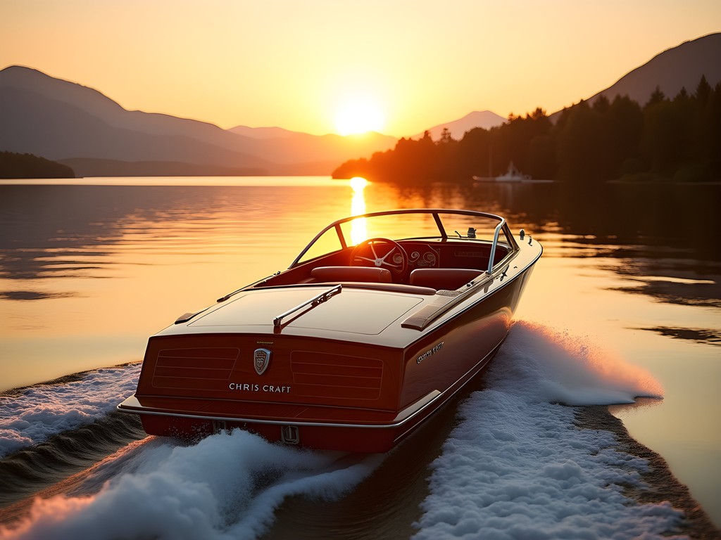 Vintage wooden Chris-Craft boat cruising on Lake Memphremagog at sunset