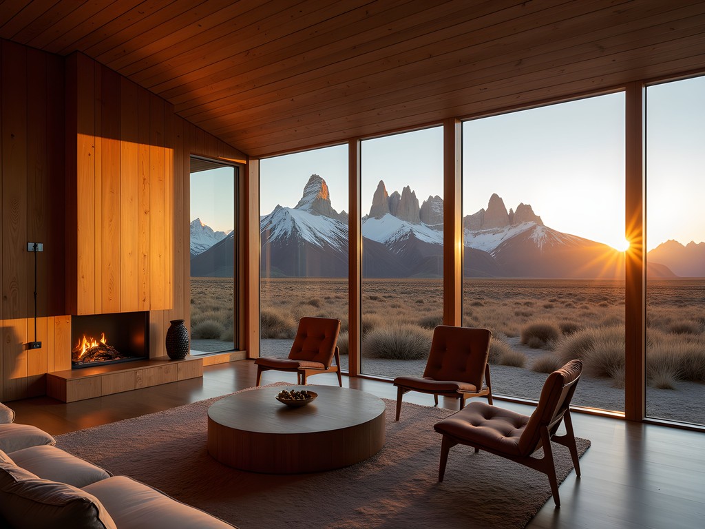 Luxury Patagonian lodge with floor-to-ceiling windows framing mountain sunset view