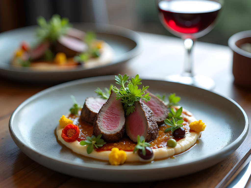 Elegant plated Patagonian cuisine featuring local lamb and foraged ingredients