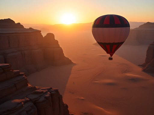Aerial view from hot air balloon over Wadi Rum desert at sunrise showing dramatic landscape