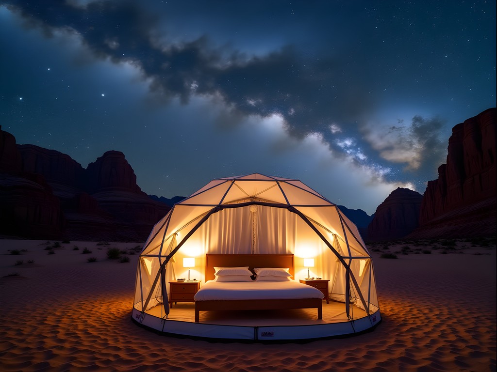 Luxury bubble dome accommodation in Wadi Rum with starry night sky visible through transparent roof
