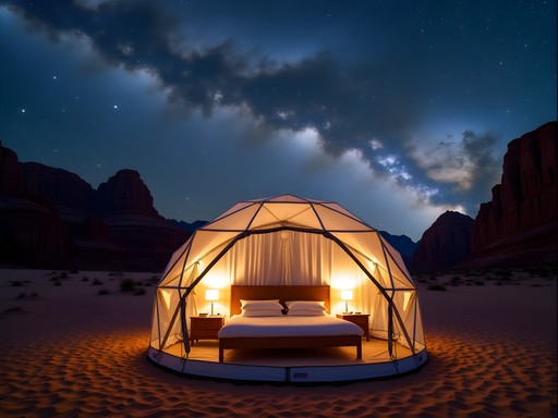 Luxury bubble dome accommodation in Wadi Rum with starry night sky visible through transparent roof