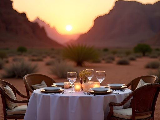 Private luxury dining setup in secluded Wadi Rum location at sunset