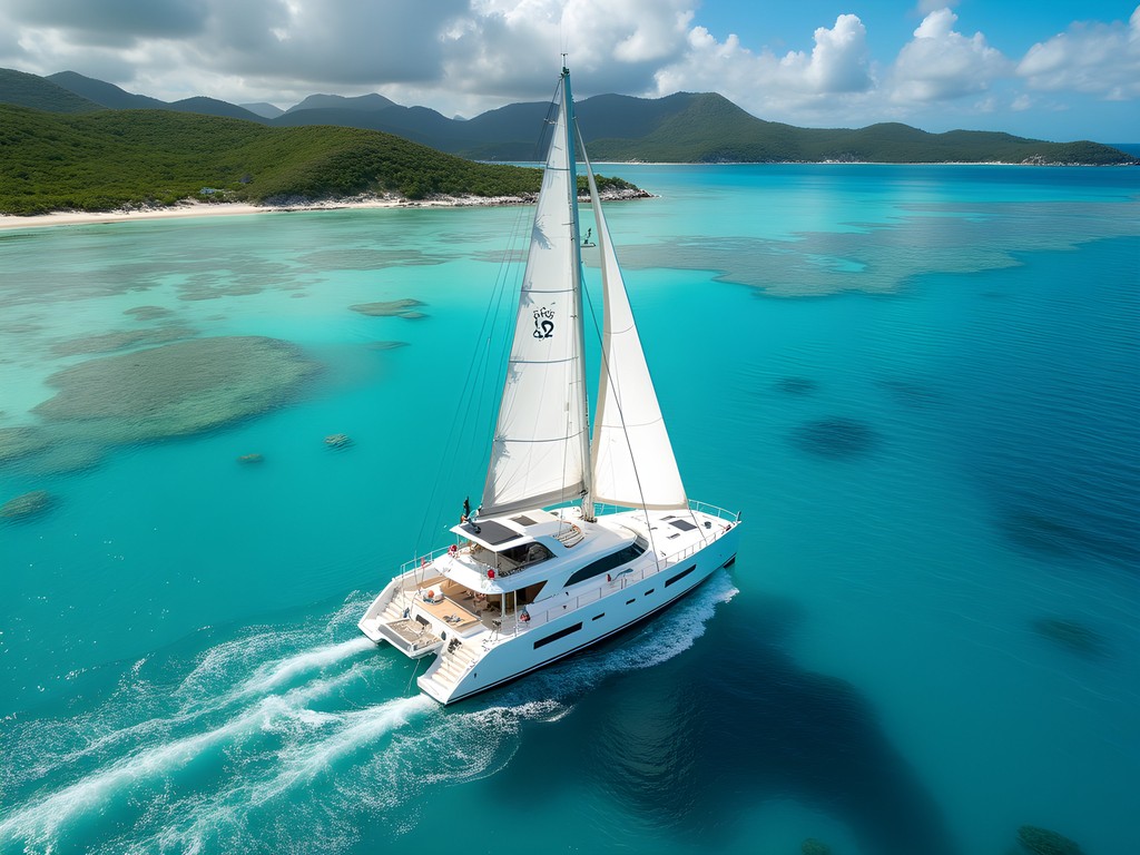Luxury catamaran sailing in turquoise Caribbean waters near Sint Maarten coast
