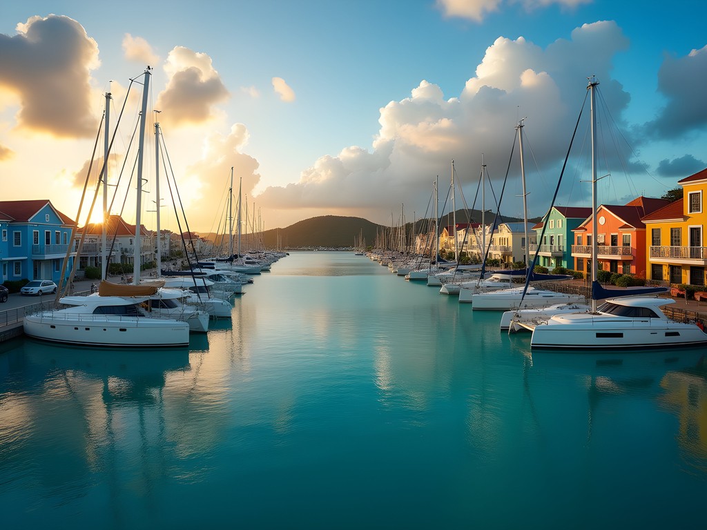 Luxury yachts anchored in Philipsburg harbor at sunrise with colorful Caribbean buildings
