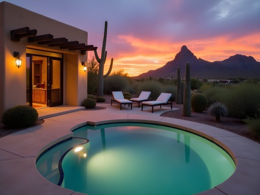 Private plunge pool at Four Seasons Resort Scottsdale overlooking desert landscape at sunset