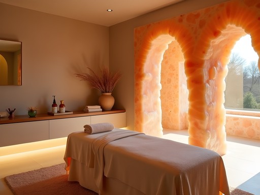 Serene spa treatment room with Himalayan salt elements and luxury amenities