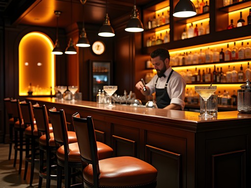 Sophisticated speakeasy-style cocktail bar with amber lighting and leather seating
