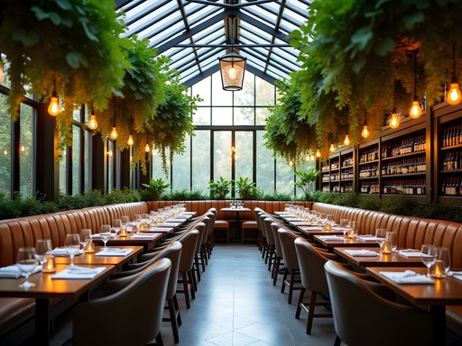 Elegant greenhouse-inspired interior of Sixty Vines restaurant in Plano