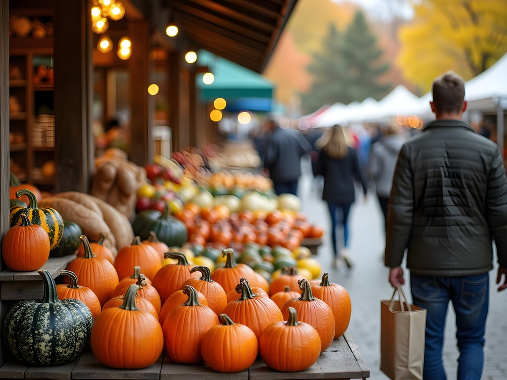 Vibrant fall farmers market in Portland Maine with colorful produce displays and local vendors