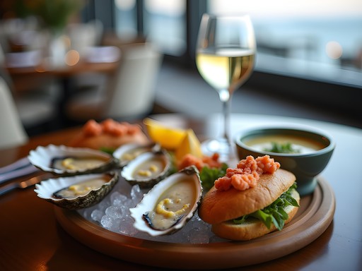 Elegant seafood spread at upscale Portland Maine restaurant featuring fresh oysters and lobster dishes