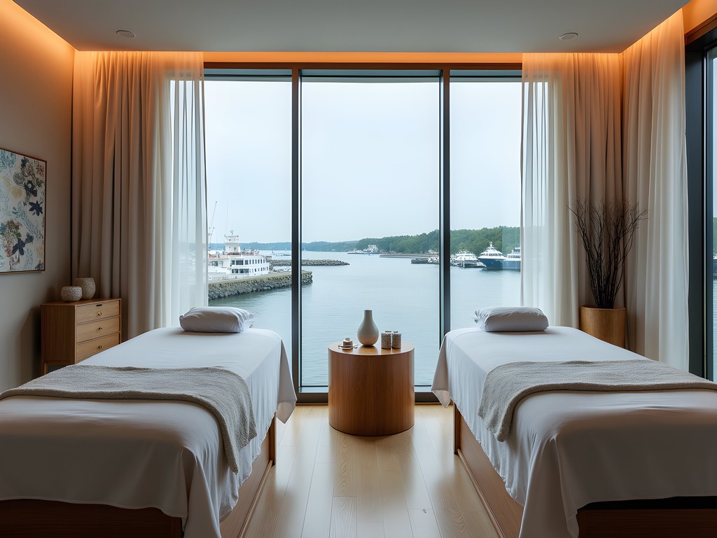 Elegant spa treatment room overlooking Portland Maine harbor with massage tables and coastal decor