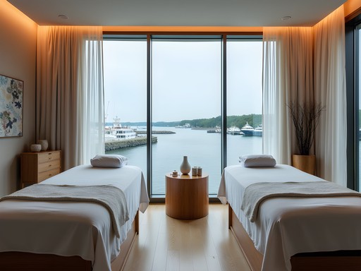 Elegant spa treatment room overlooking Portland Maine harbor with massage tables and coastal decor