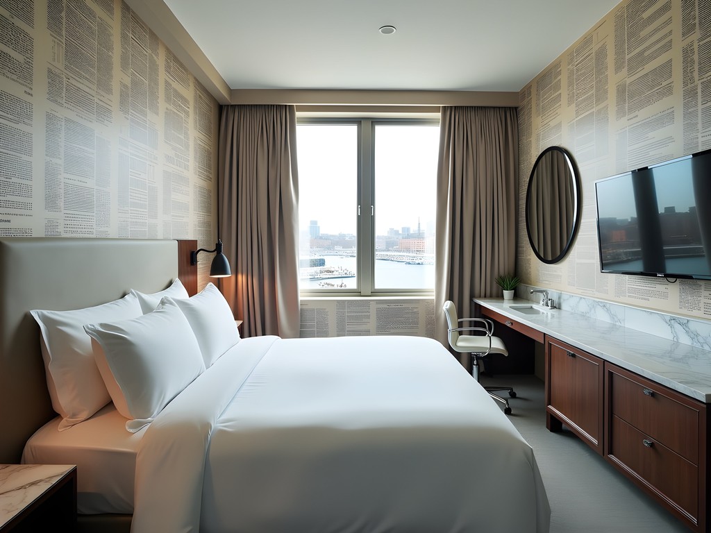 Elegant corner suite at The Press Hotel Portland Maine with harbor views and newspaper-themed decor